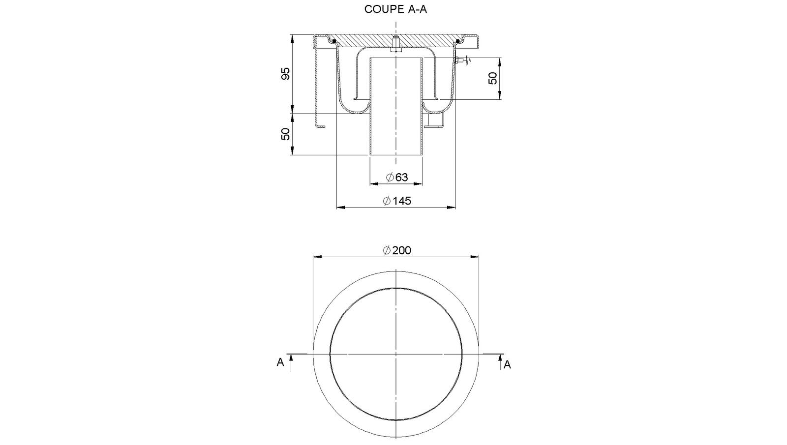 Schéma - 2063CAJC - Round floor drain trap Ø200 mm vertical outlet 63 mm