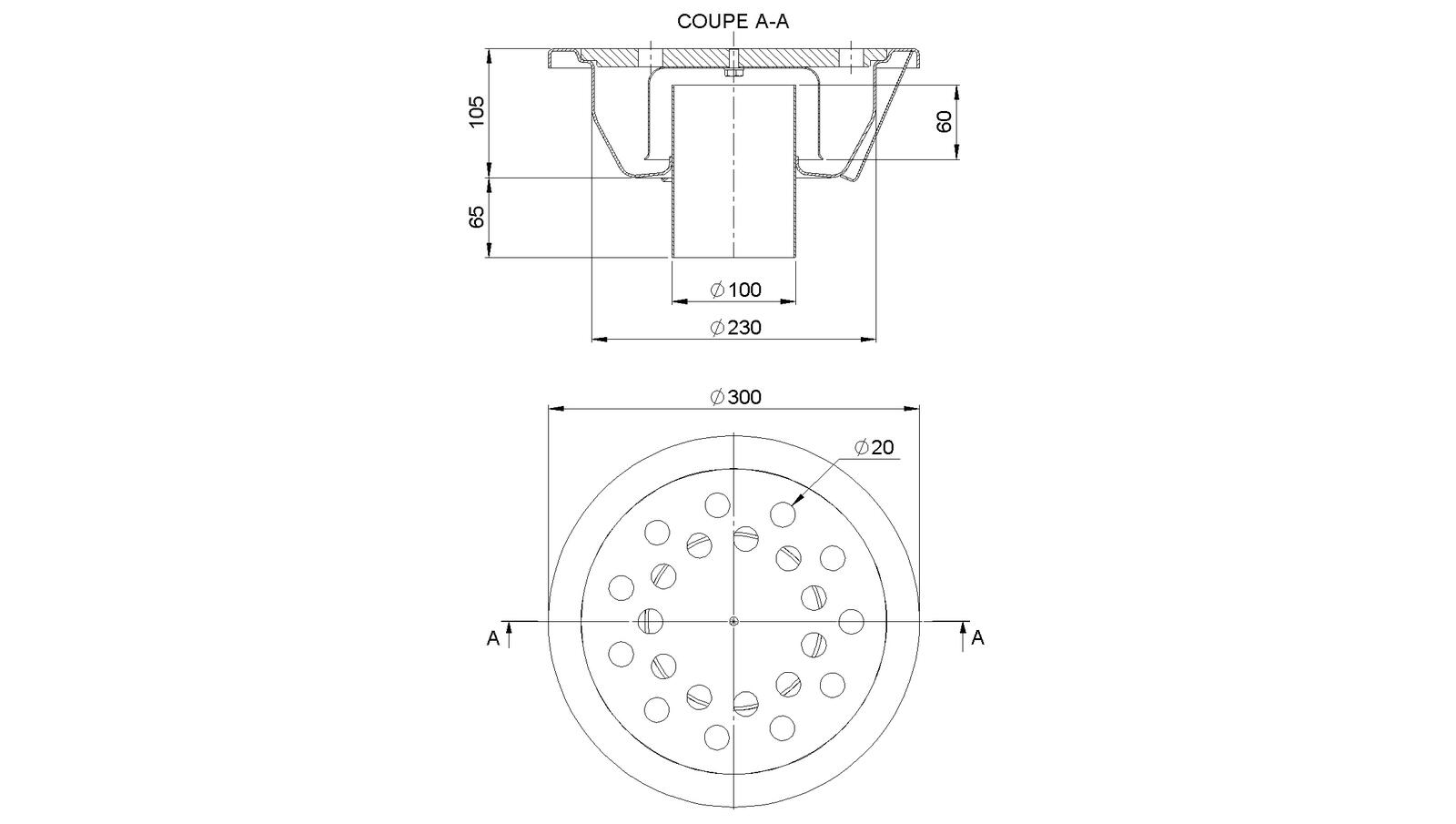 Schéma - 30100CR - Round floor drain trap Ø300 mm vertical outlet 100 mm