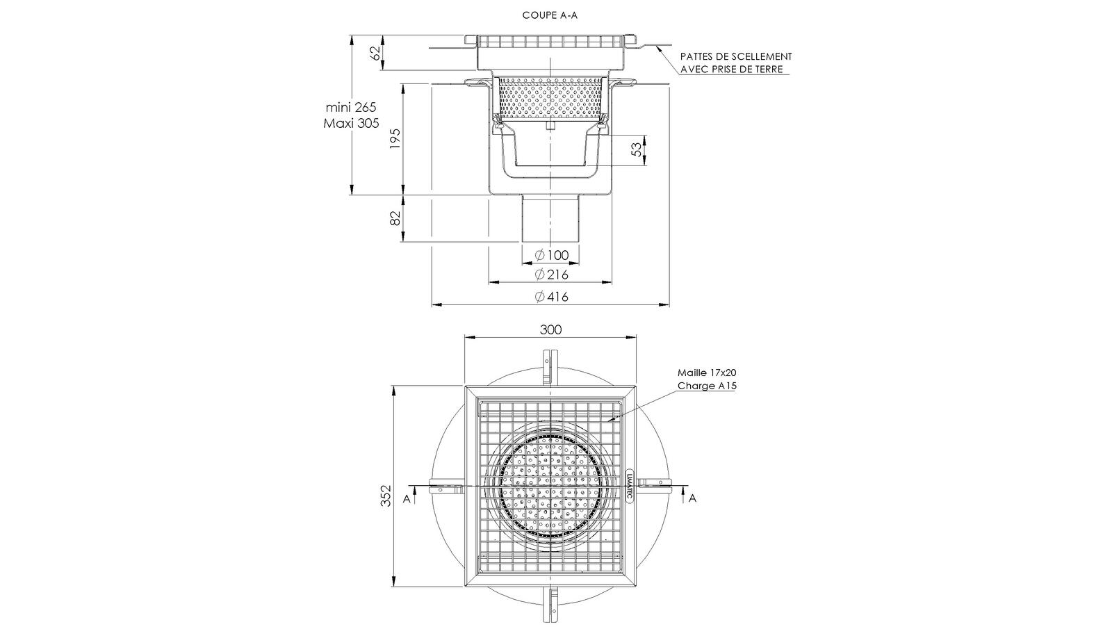 Schéma - RVIT3.3 - Rivière® drainage channel 300x352 with a vertical outlet 100 mm