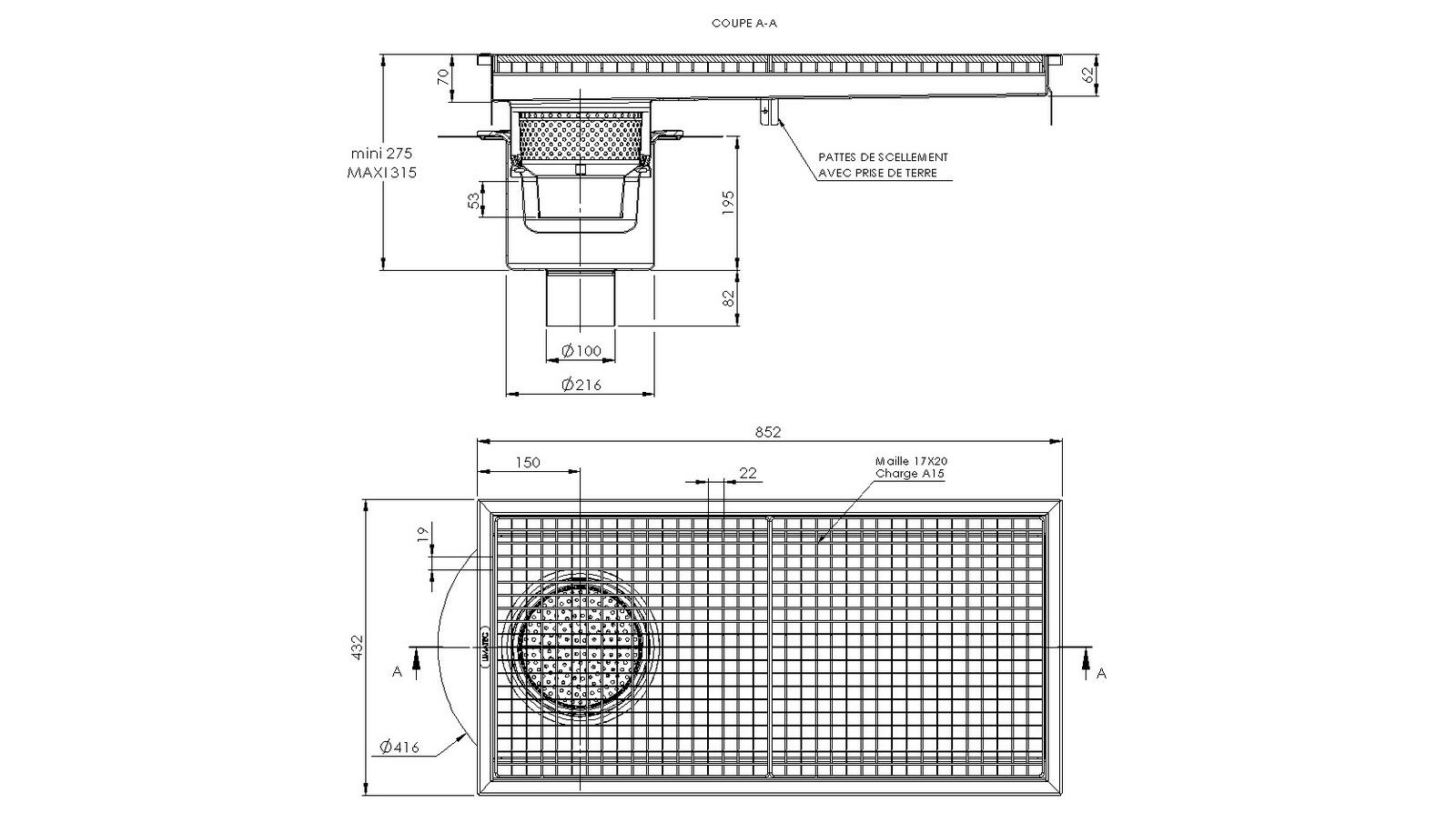 Schéma - RVIT4.8E - Caniveau Rivière® 852x432 à sortie verticale 100 mm