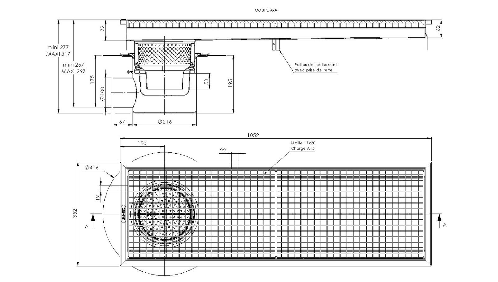 Schéma - RVITL3.10 - Caniveau Rivière® 1052x352 à sortie latérale 100 mm