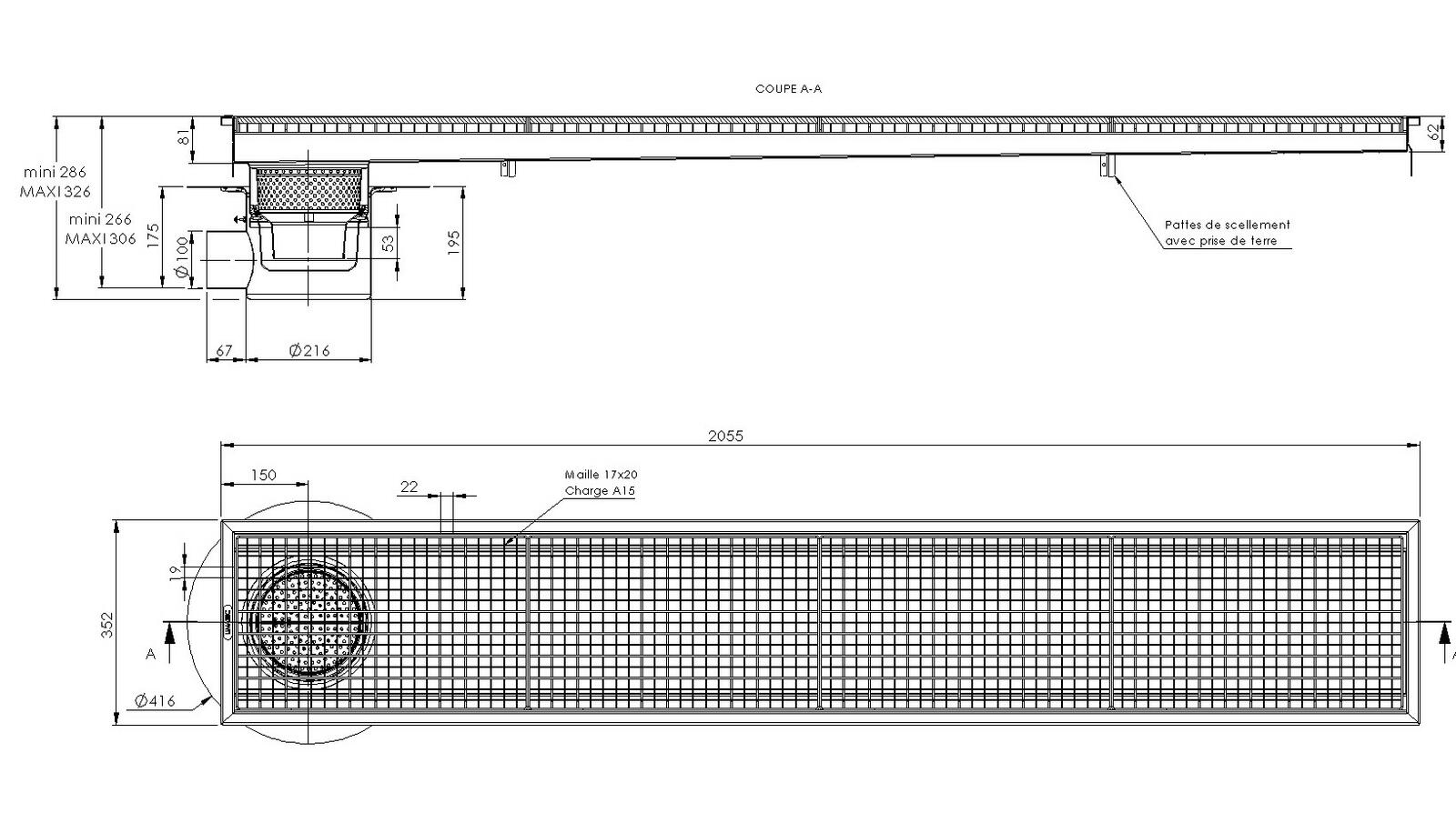 Schéma - RVITL3.20 - Caniveau Rivière® 2055x352 à sortie latérale 100 mm