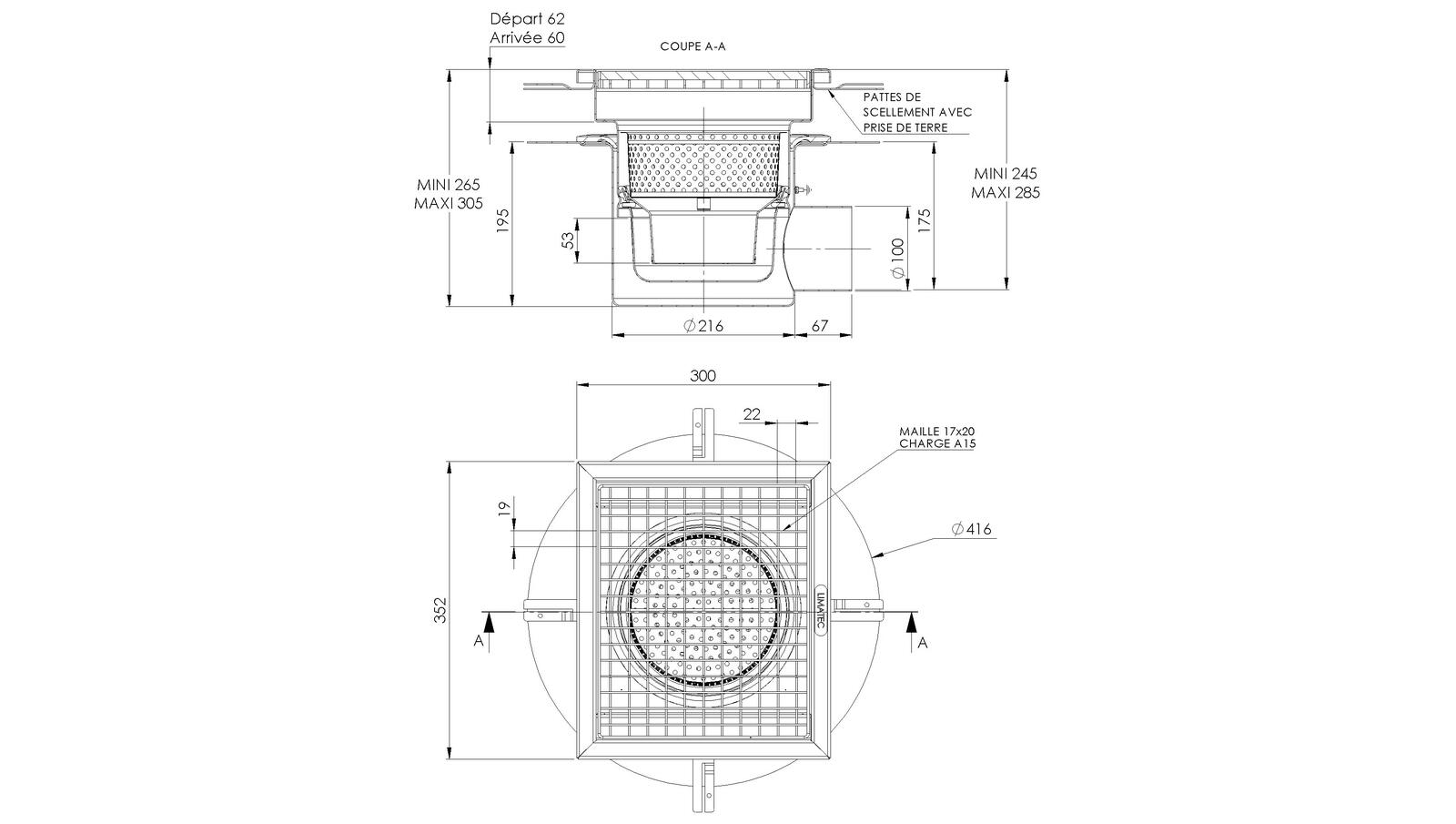 Schéma - RVITL3.3 - Caniveau Rivière® 300x352 à sortie latérale 100 mm