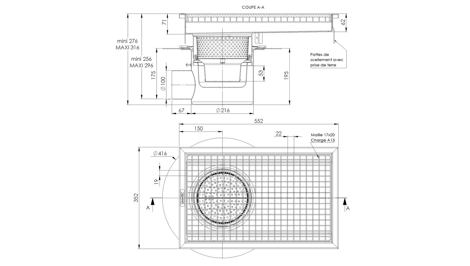 Schéma - RVITL3.5 - Caniveau Rivière® 552x352 à sortie latérale 100 mm