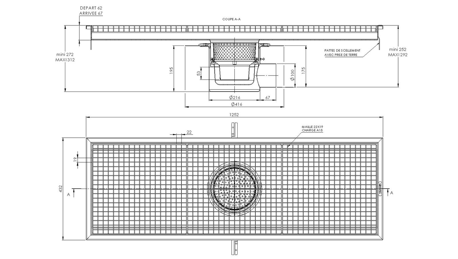 Schéma - RVITL4.12 - Caniveau Rivière® 1252x432 à sortie latérale 100 mm