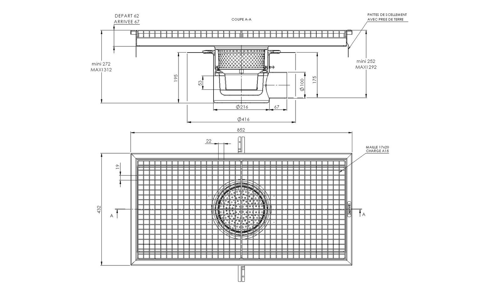 Schéma - RVITL4.8 - Caniveau Rivière® 852x432 à sortie latérale 100 mm