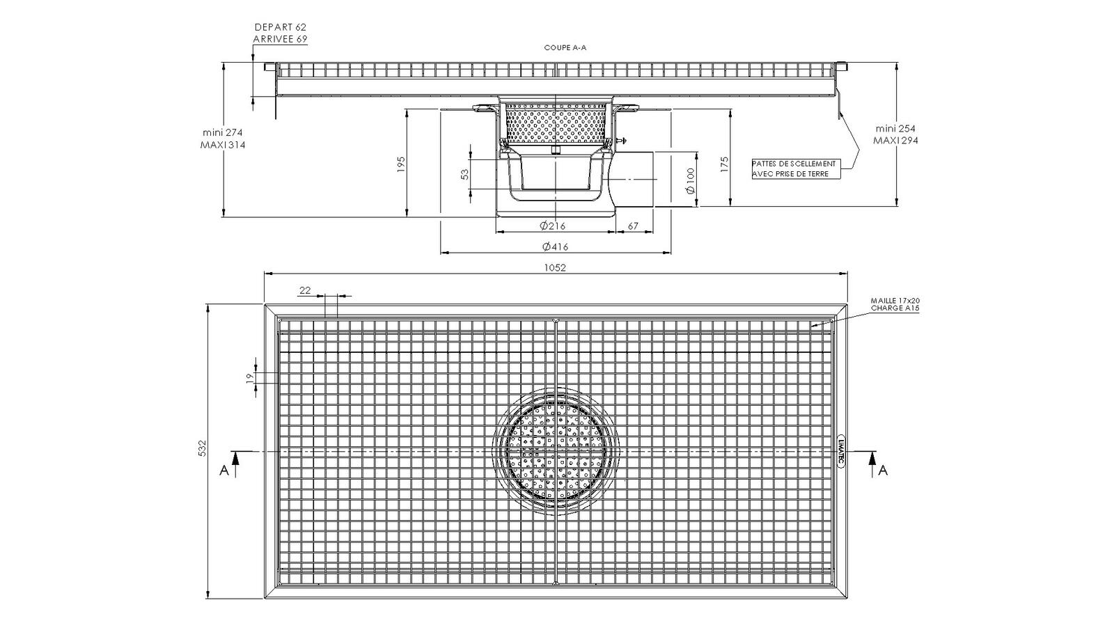 Schéma - RVITL5.10C - Caniveau Rivière® 1052x532 à sortie latérale 100 mm