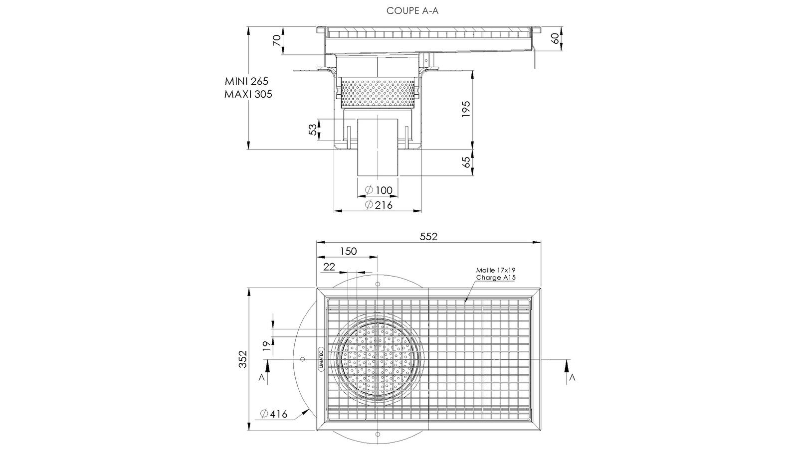 Schéma - RVT3.5 - Caniveau Rivière® 552x352 à sortie verticale 100 mm