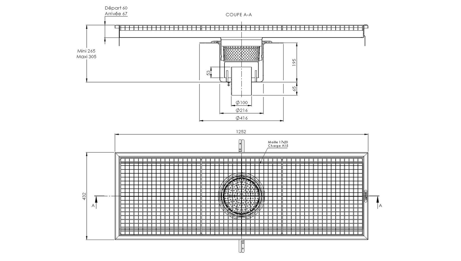 Schéma - RVT4.12 - Caniveau Rivière® 1252x432 à sortie verticale 100 mm