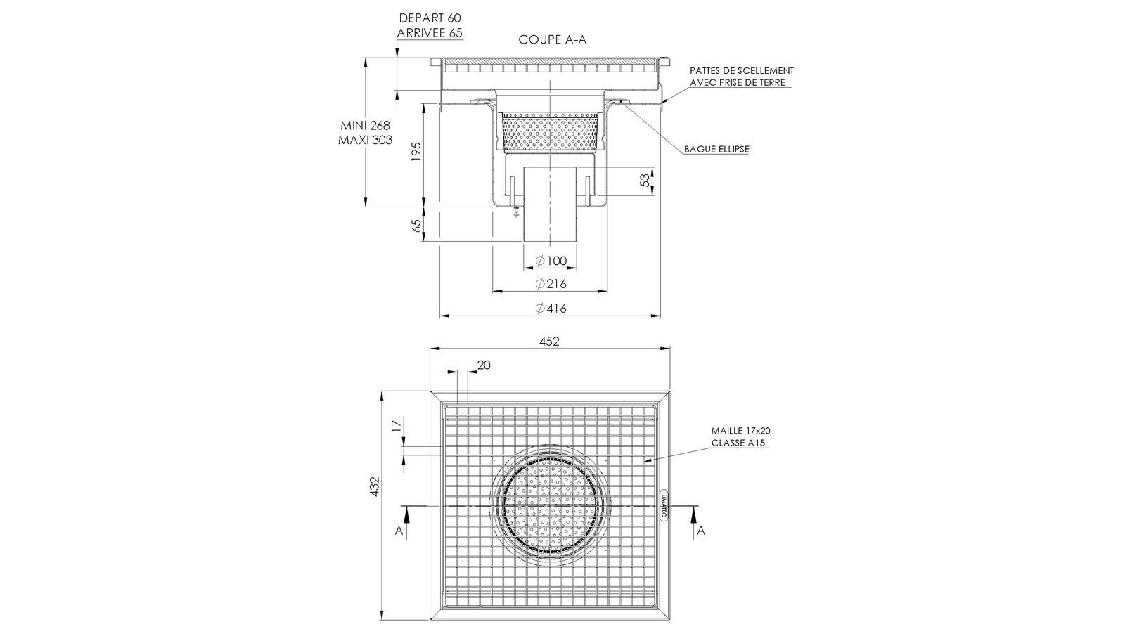 Schéma - RVT4.4 - Caniveau Rivière® 452x432 à sortie verticale 100 mm