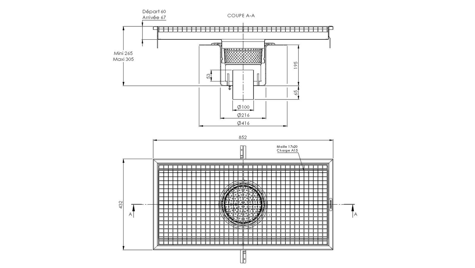 Schéma - RVT4.8 - Caniveau Rivière® 852x432 à sortie verticale 100 mm