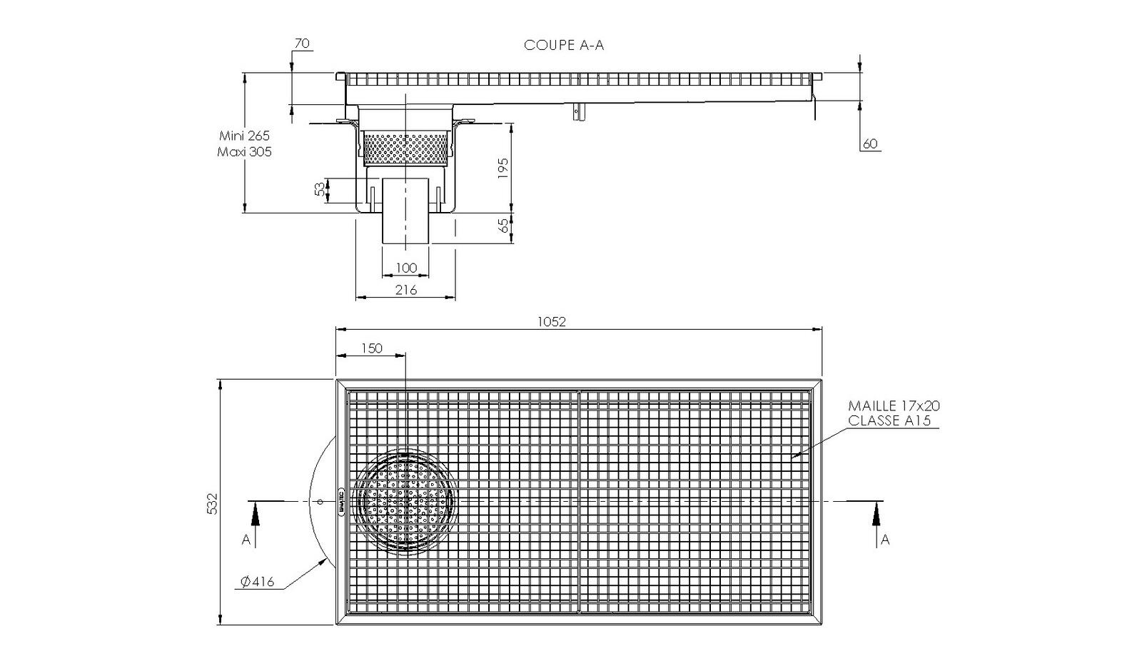 Schéma - RVT5.10 - Caniveau Rivière® 1052x532 à sortie verticale 100 mm