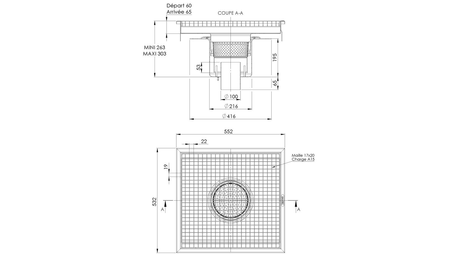Schéma - RVT5.5 - Caniveau Rivière® 552x532 à sortie verticale 100 mm