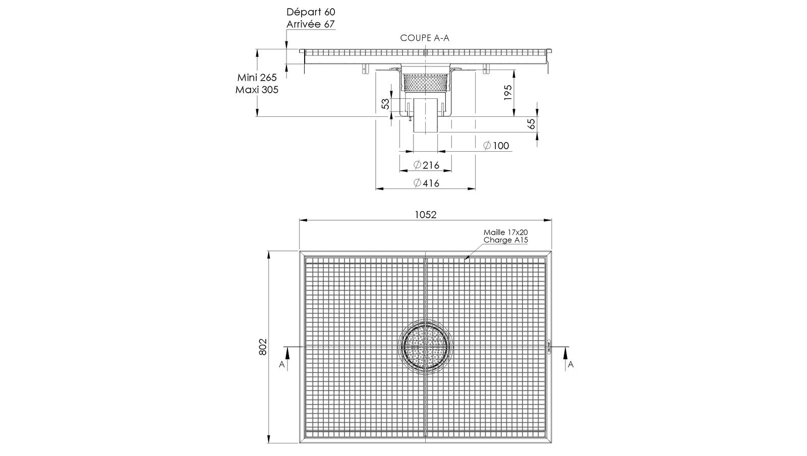 Schéma - RVT8.10 - Caniveau Rivière® 1052x802 à sortie verticale 100 mm