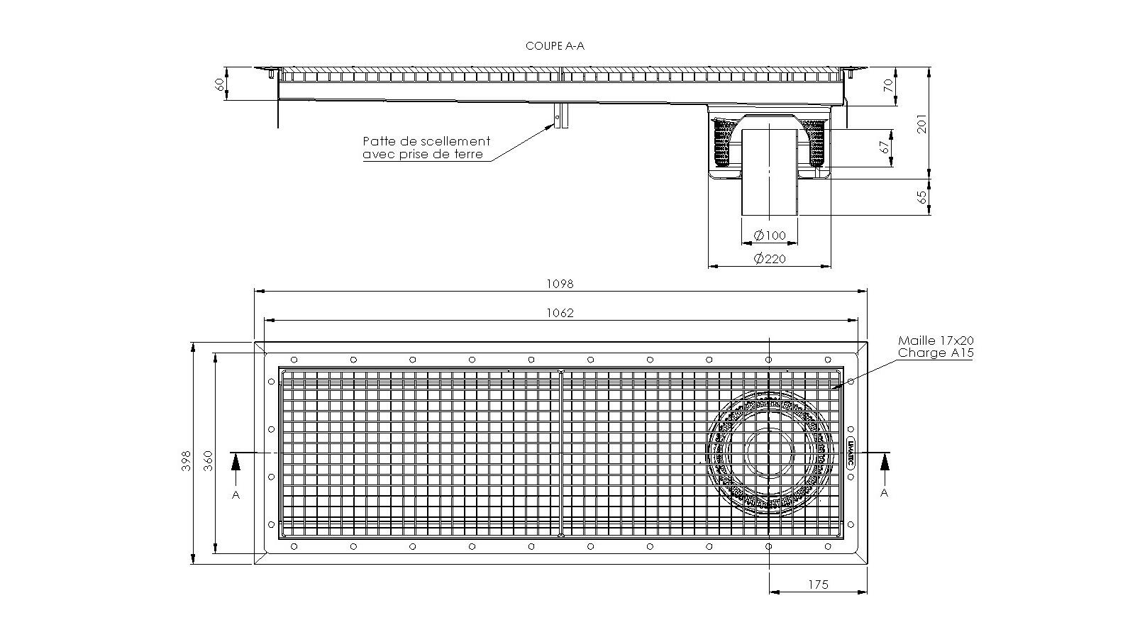 Schéma - RVZ3.10 - Caniveau Rivière® 1098x398 à sortie verticale 100 mm