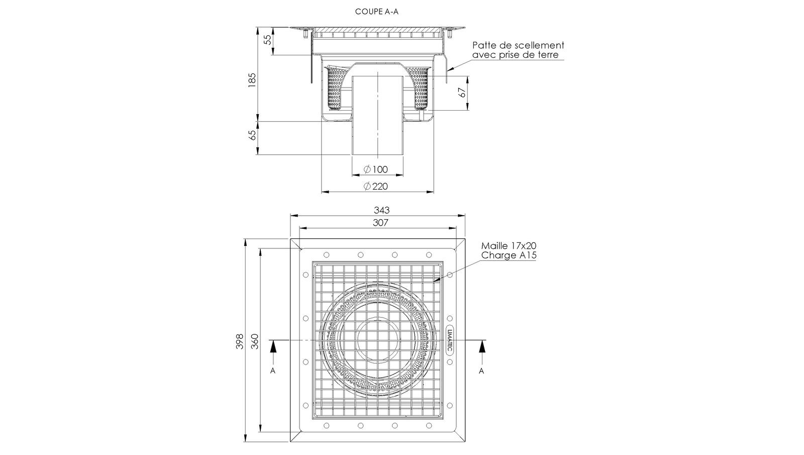 Schéma - RVZ3.3 - Caniveau Rivière® 398x343 à sortie verticale 100 mm