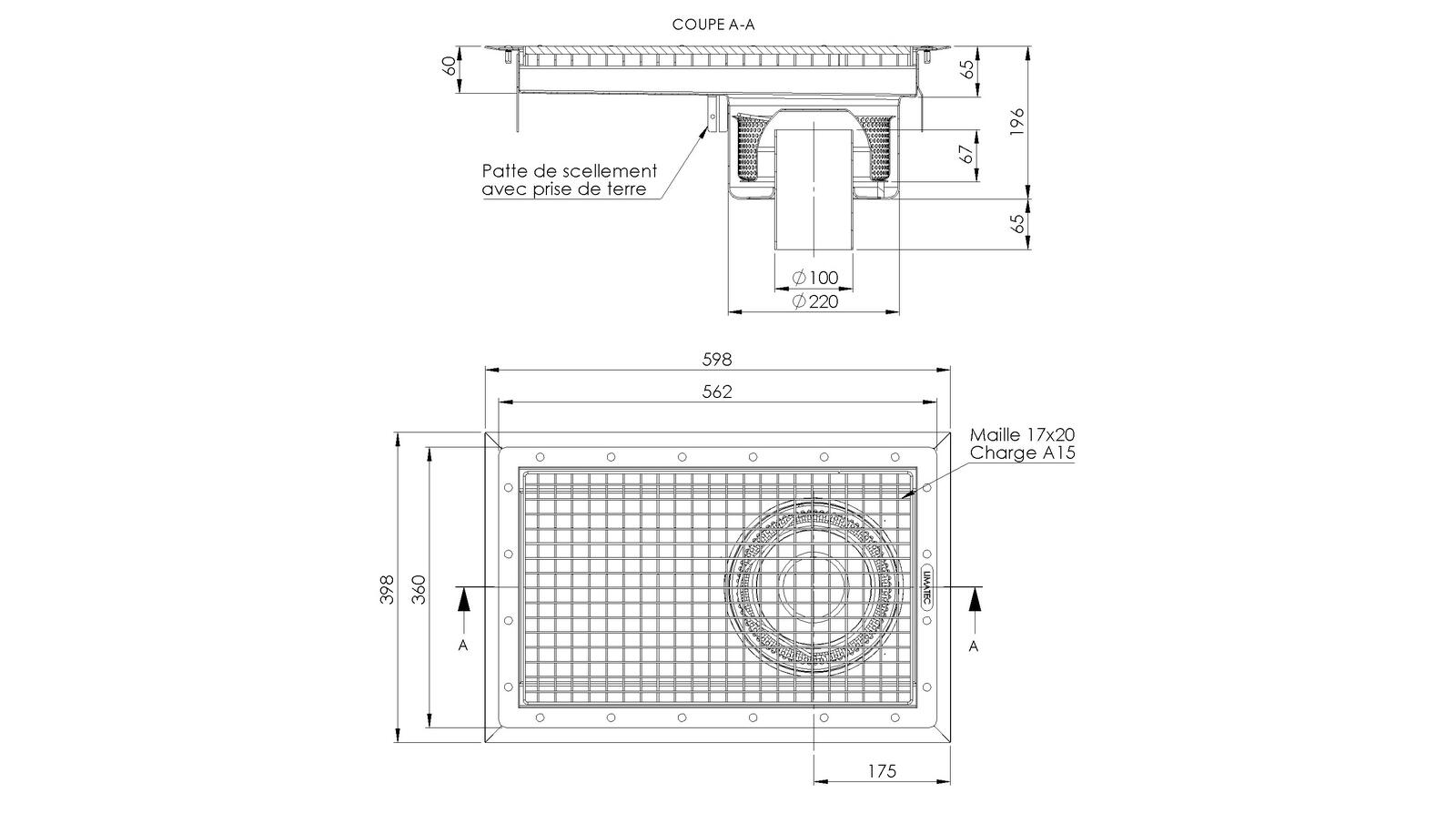 Schéma - RVZ3.5 - Caniveau Rivière® 598x398 à sortie verticale 100 mm