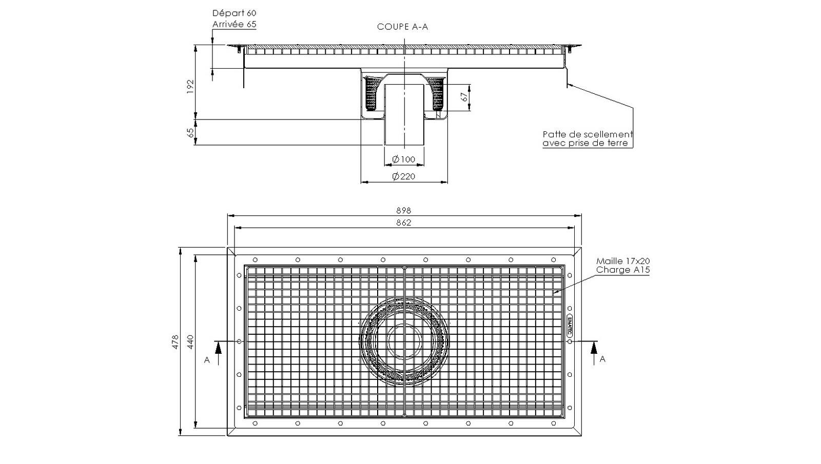 Schéma - RVZ4.8 - Caniveau Rivière® 898x478 à sortie verticale 100 mm