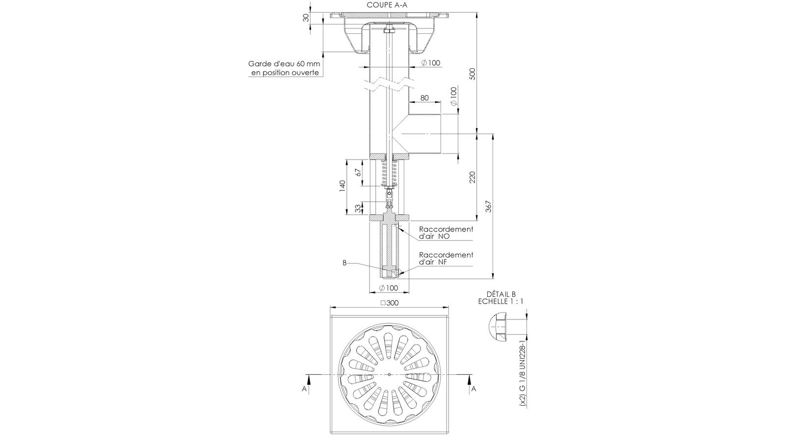 Schéma - SIPHOMAT SM1 - Siphon 300x300 sortie latérale 100 mm