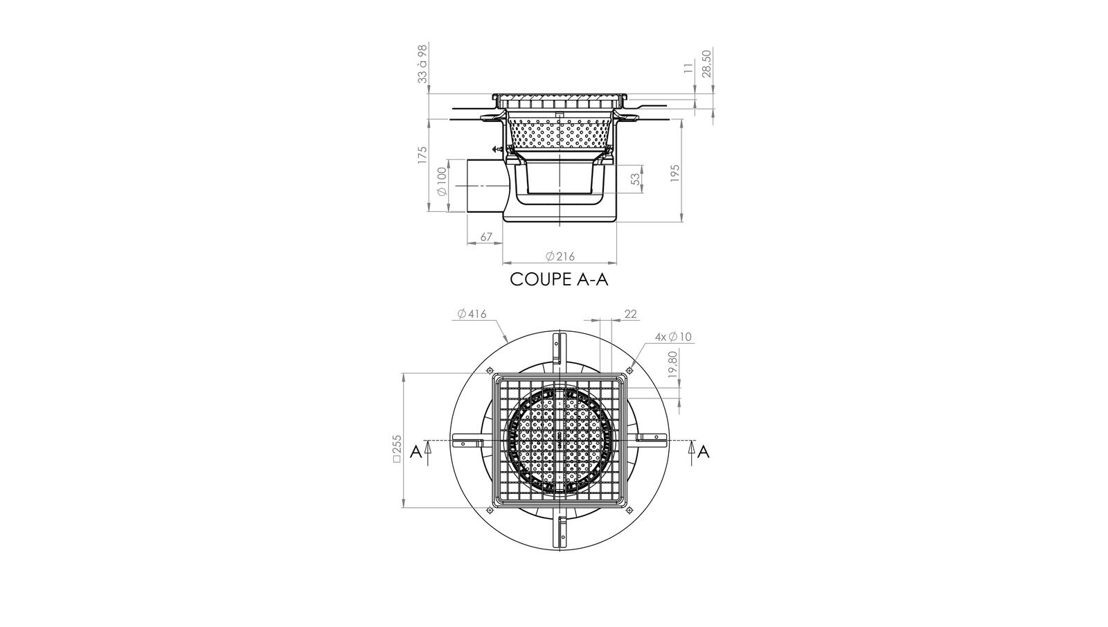 Schéma - 25100ITLP - Siphon 255x255 sortie latérale 100 mm Schéma - 25100ITLP - Siphon 255x255 sortie latérale 100 mm