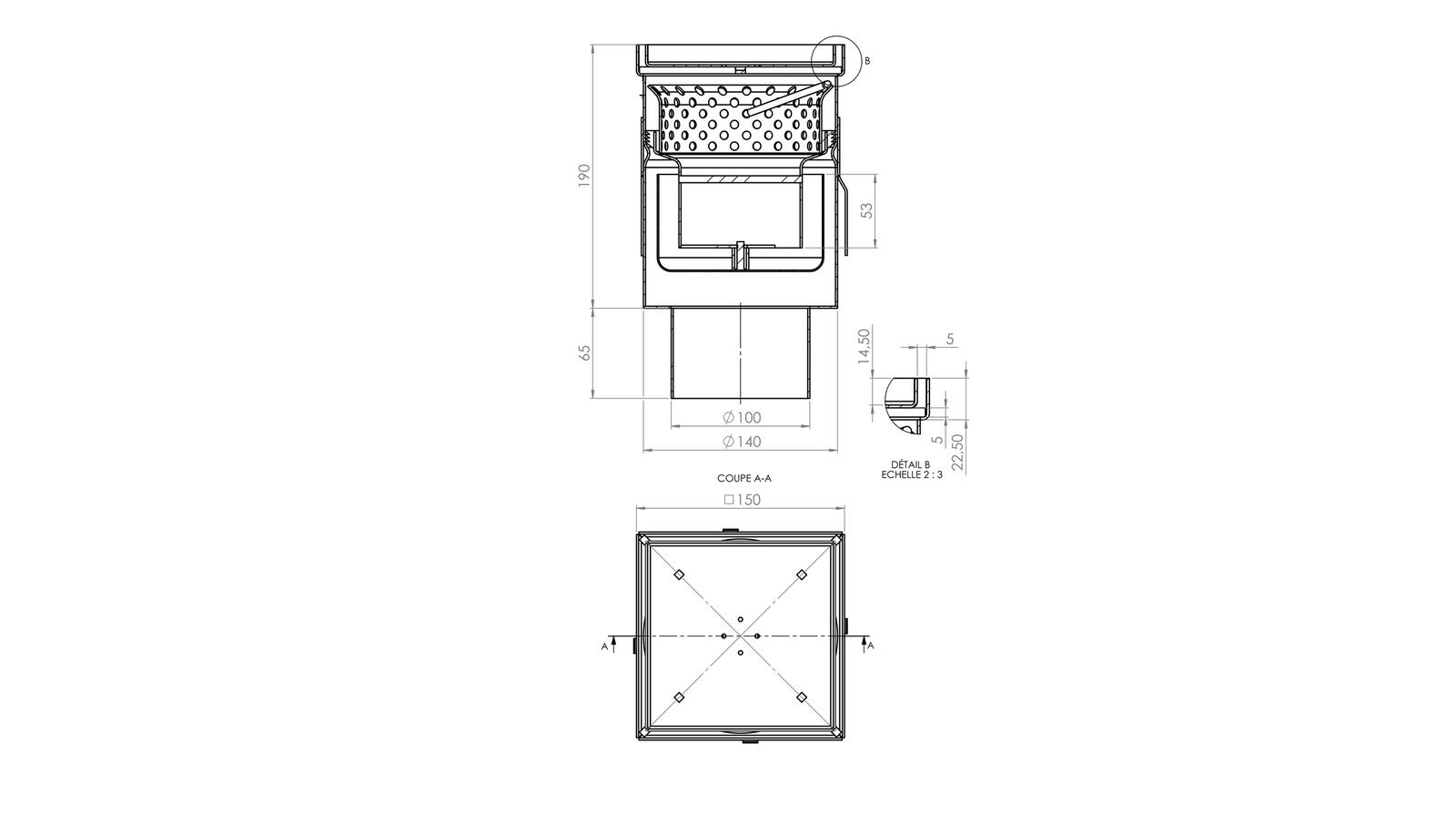 Siphon 150x150 sortie verticale 50 mm