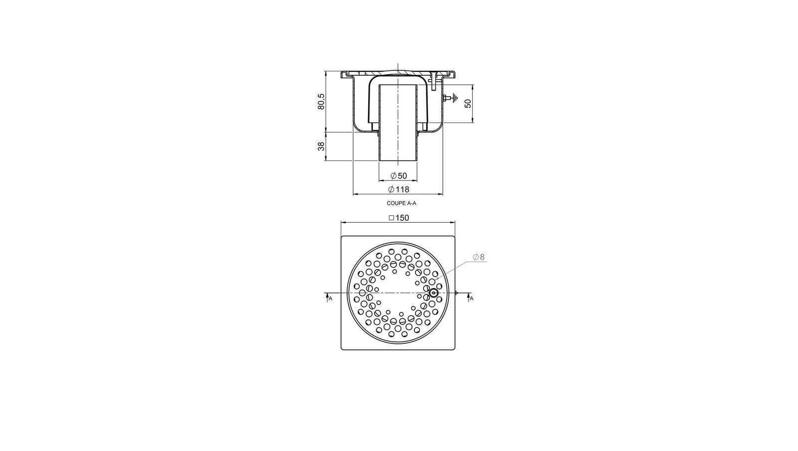 Schéma - 1550V - Siphon 150x150 sortie verticale 50 mm Schéma - 1550V - Siphon 150x150 sortie verticale 50 mm