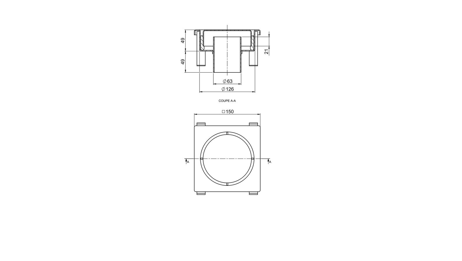 Schéma - 1563FB - Siphon 150x150 sortie verticale 63 mm Schéma - 1563FB - Siphon 150x150 sortie verticale 63 mm