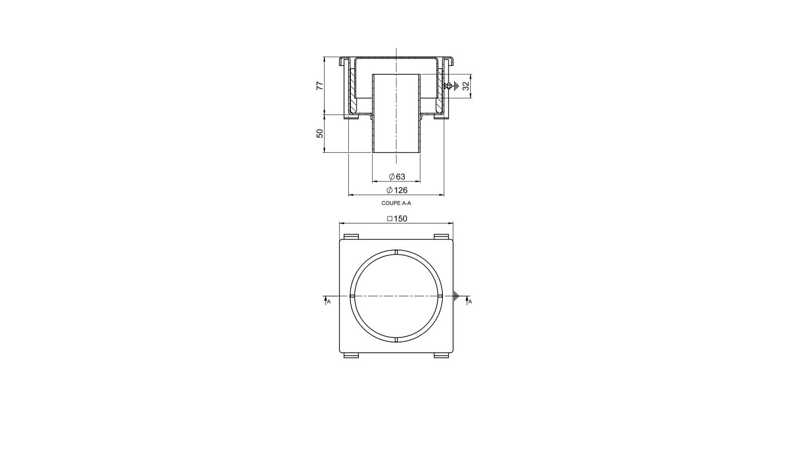 Schéma - 1563F - Siphon 150x150 sortie verticale 63 mm Schéma - 1563F - Siphon 150x150 sortie verticale 63 mm