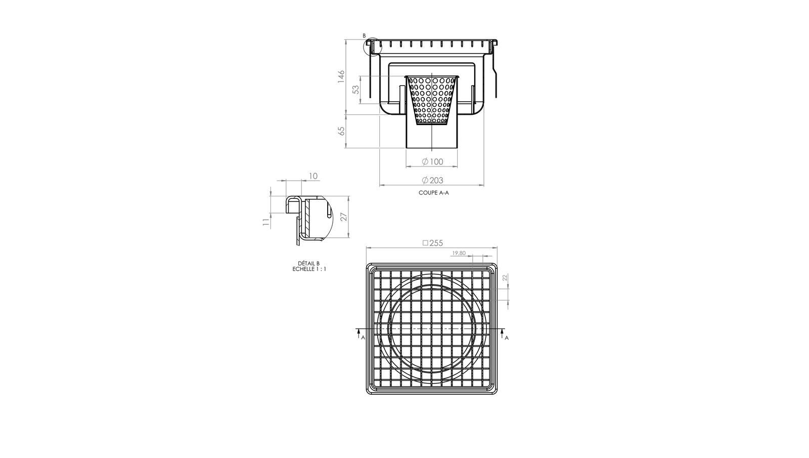 Siphon 255x255 sortie verticale 100 mm