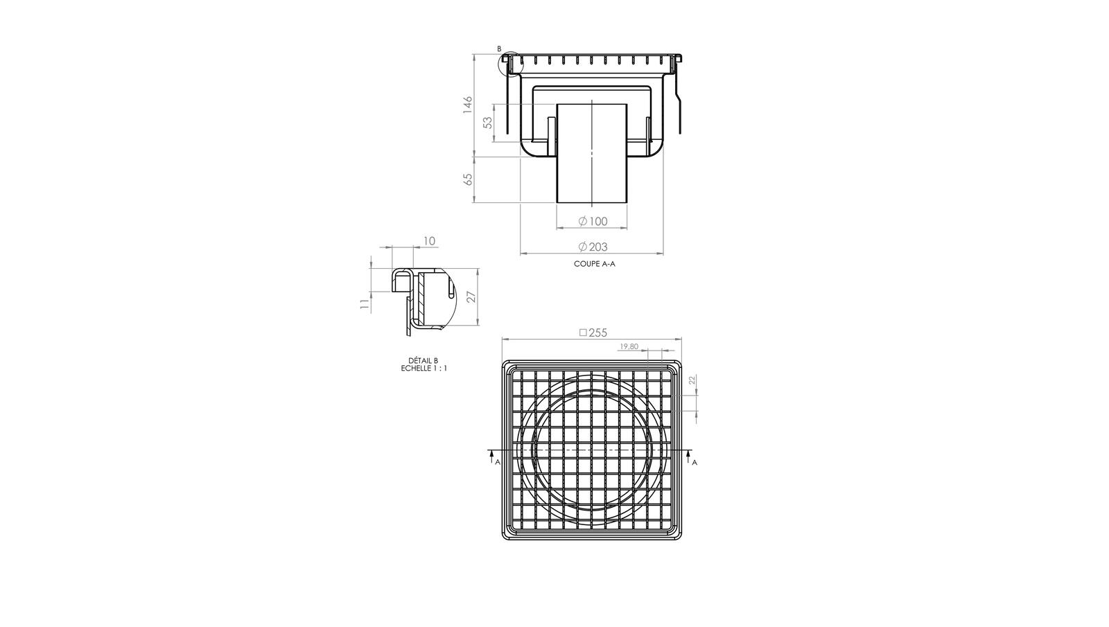 Schéma - 25100E - Siphon 255x255 sortie verticale 100 mm Schéma - 25100E - Siphon 255x255 sortie verticale 100 mm