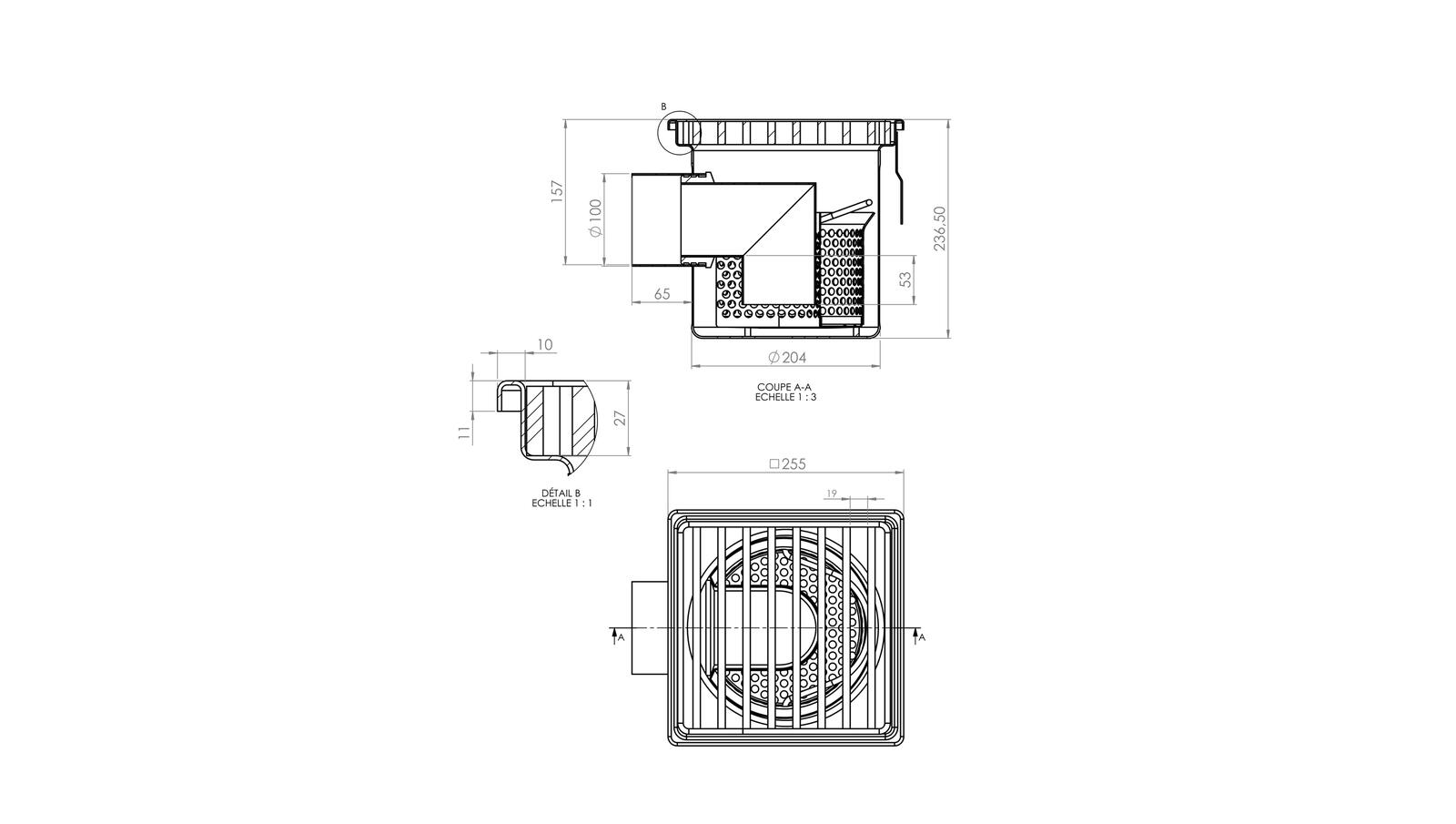 Schéma - 25100ELPB - Siphon 255x255 sortie latérale 100 mm