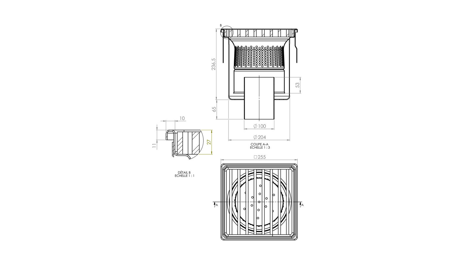Schéma - 25100EPB - Floor drain trap 255x255 with a vertical outlet 100 mm