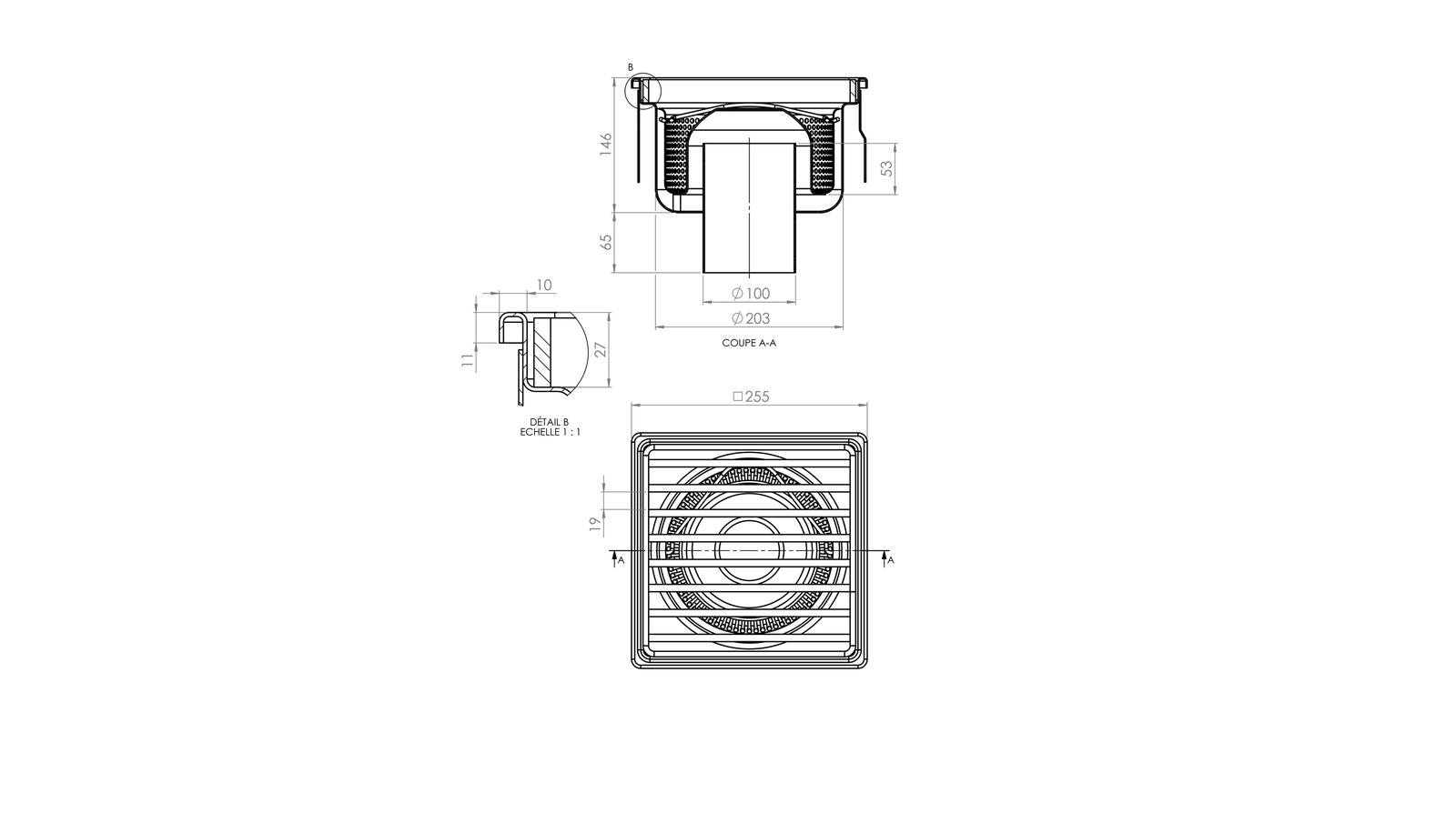 Schéma - 25100EPCB - Siphon 255x255 sortie verticale 100 mm