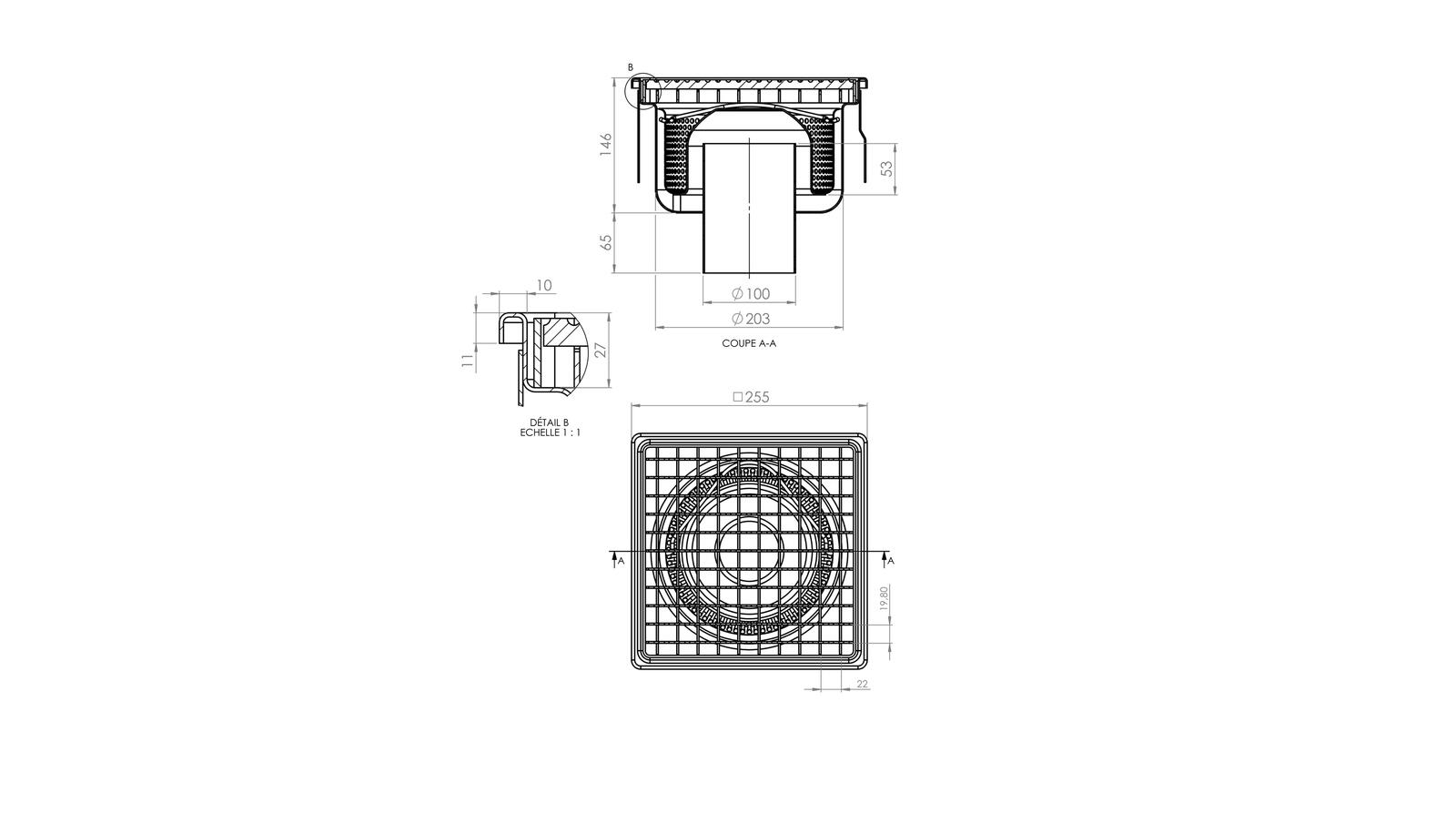 Schéma - 25100EPC - Floor drain trap 255x255 with a vertical outlet 100 mm