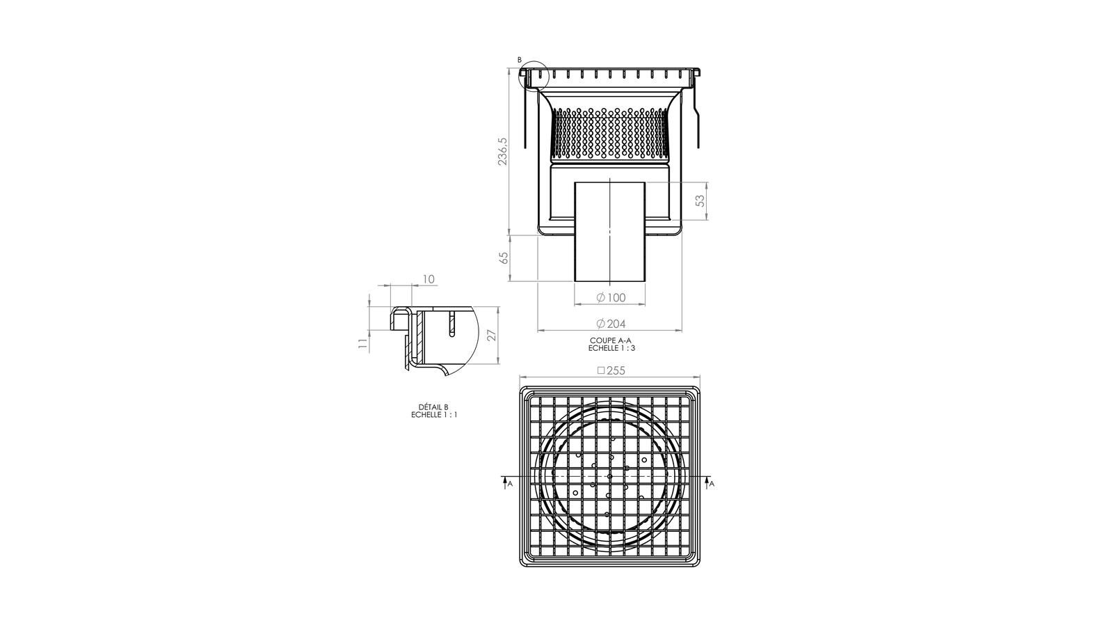 Schéma - 25100EP - Siphon 255x255 sortie verticale 100 mm