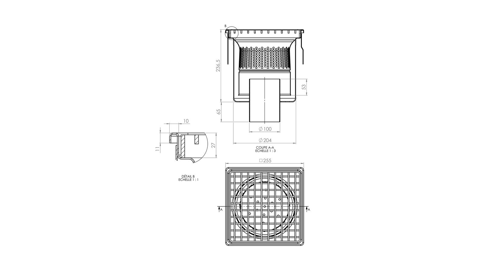 Schéma - 25100EP-M125 - Siphon 255x255 sortie verticale 100 mm Schéma - 25100EP-M125 - Siphon 255x255 sortie verticale 100 mm