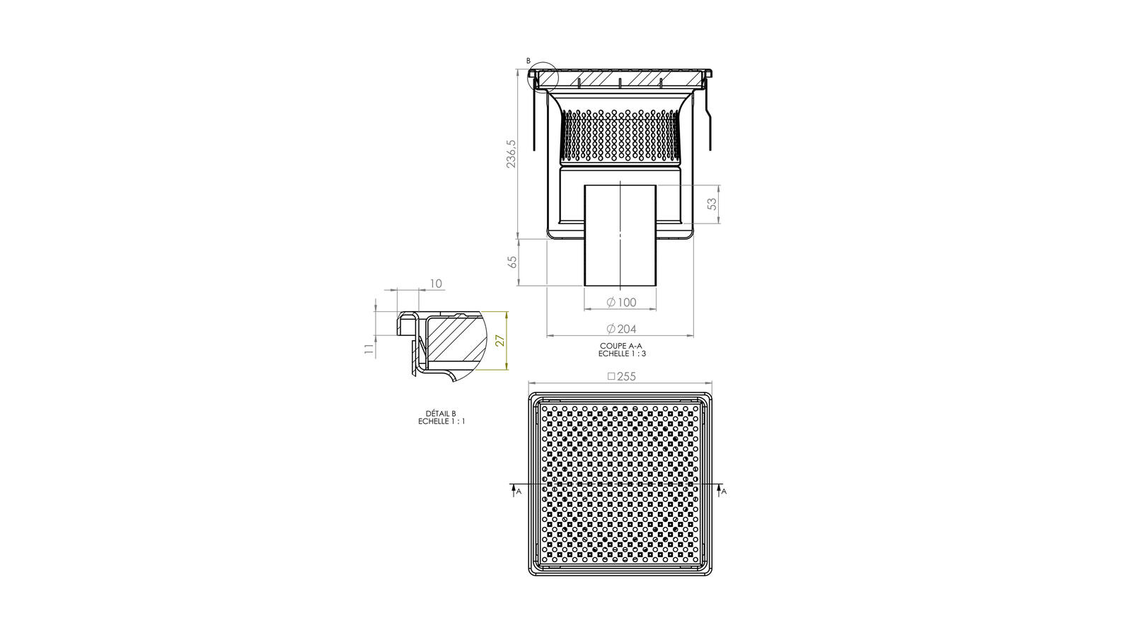 Schéma - 25100EPS - Siphon 255x255 sortie verticale 100 mm