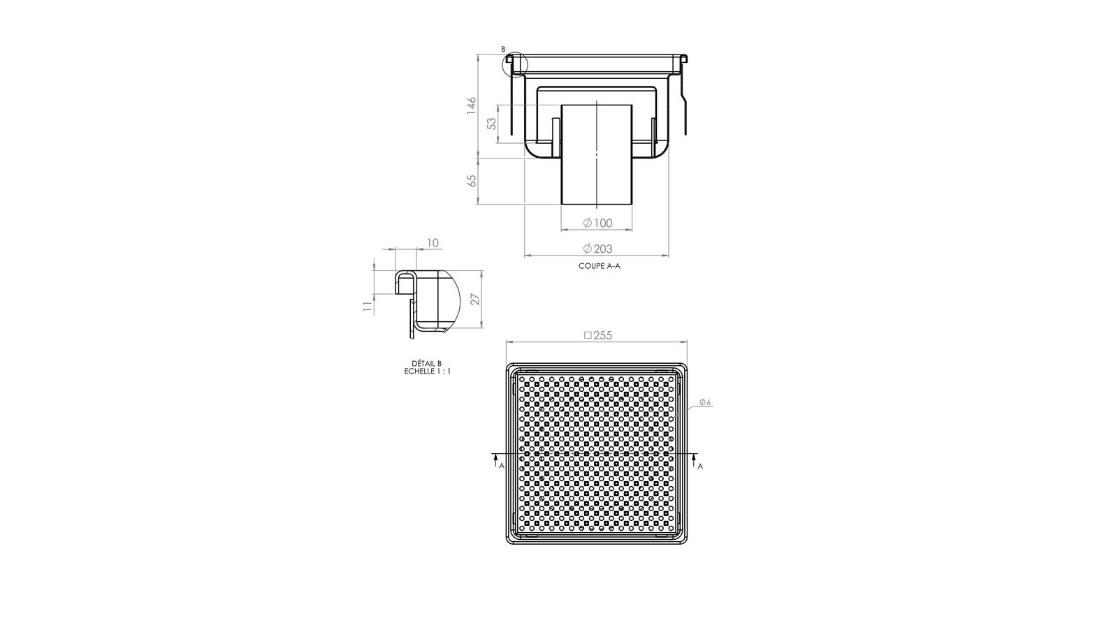 Schéma - 25100ES - Siphon 255x255 sortie verticale 100 mm Schéma - 25100ES - Siphon 255x255 sortie verticale 100 mm