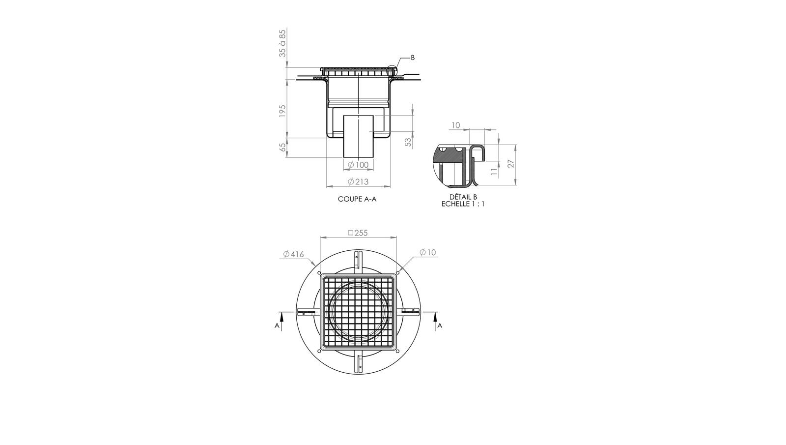 Schéma - 25100ET - Siphon 255x255 sortie verticale 100 mm Schéma - 25100ET - Siphon 255x255 sortie verticale 100 mm