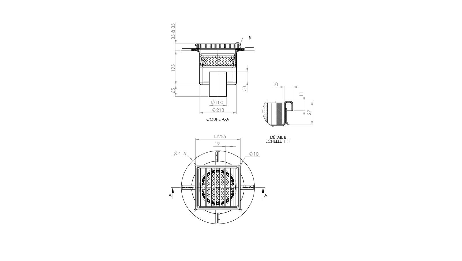 Schéma - 25100ETPB - Siphon 255x255 sortie verticale 100 mm
