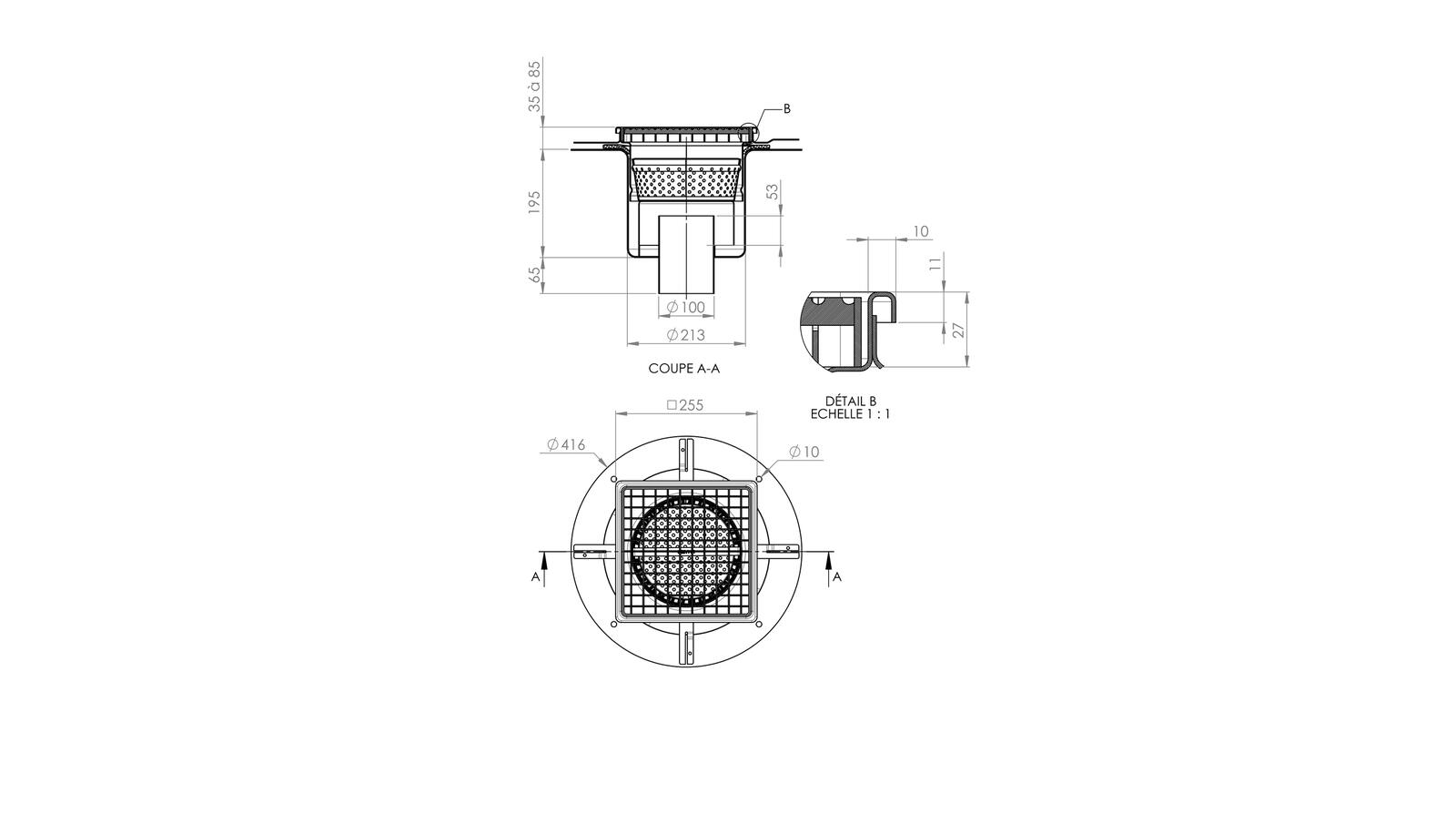 Schéma - 25100ETP - Siphon 255x255 sortie verticale 100 mm Schéma - 25100ETP - Siphon 255x255 sortie verticale 100 mm