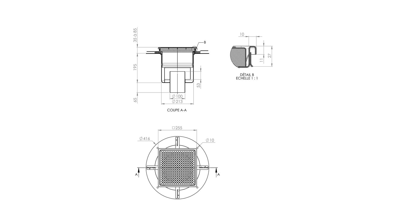 Schéma - 25100ETS - Siphon 255x255 sortie verticale 100 mm Schéma - 25100ETS - Siphon 255x255 sortie verticale 100 mm