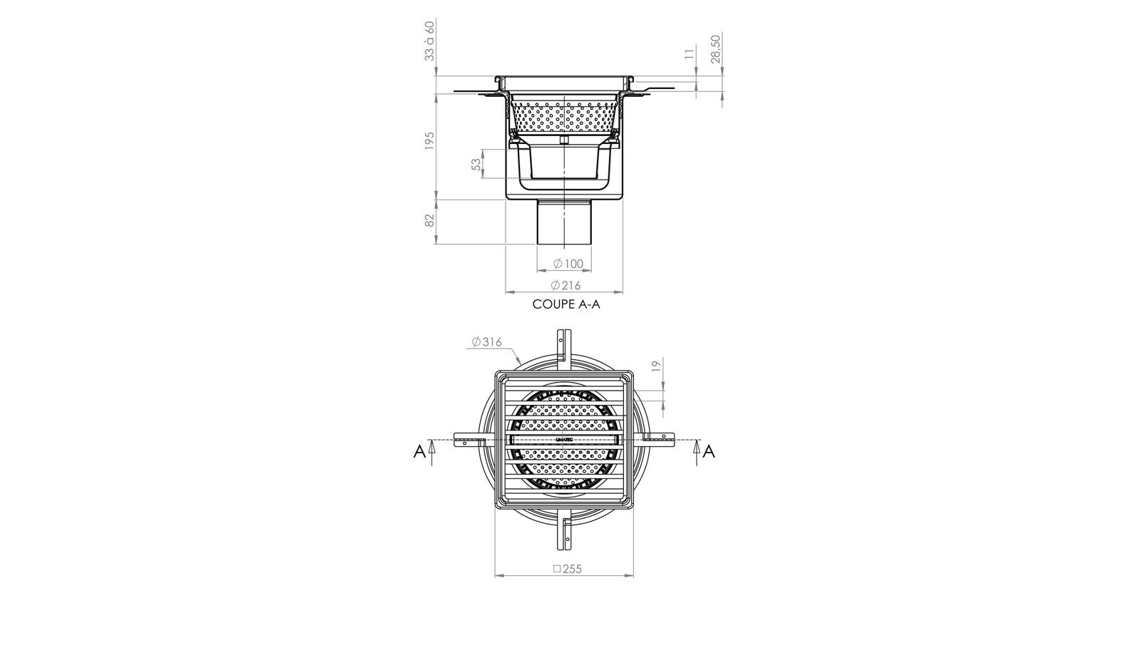 Schéma - 25100IPB - Siphon 255x255 sortie verticale 100 mm