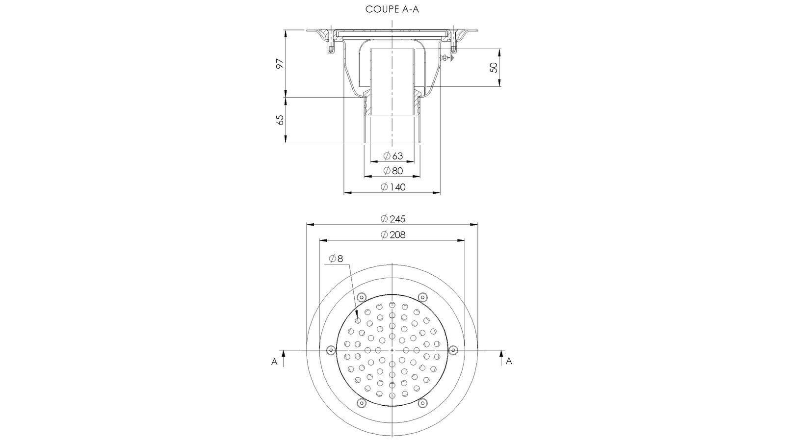 Schéma - A2480ECO - Avaloir rond Ø 245 mm sortie verticale 80 mm