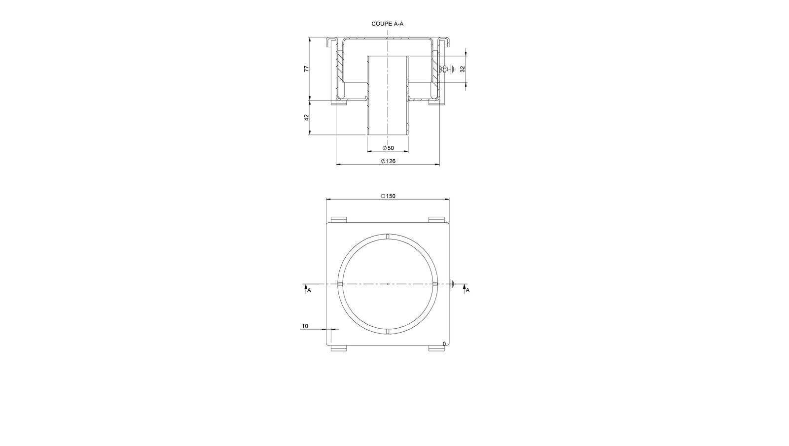 Schéma - 1550F - Siphon 150x150 sortie verticale 50 mm