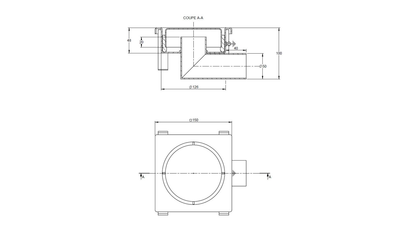 Schéma - 1550FBL - Siphon 150x150 sortie latérale 50 mm Schéma - 1550FBL - Siphon 150x150 sortie latérale 50 mm