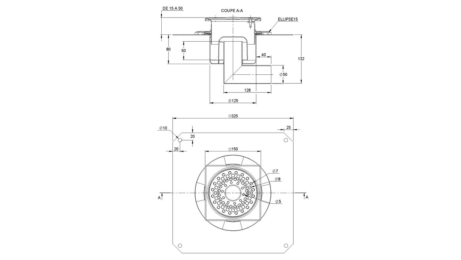 Schéma - 1550RBLDV - Siphon 150x150 sortie latérale 50 mm