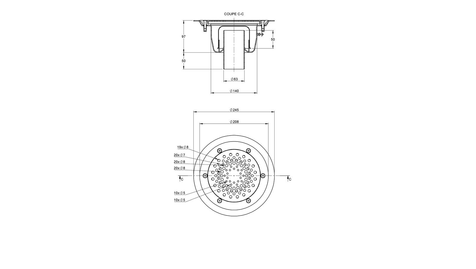 Schéma - 2463ECO - Floor drain trap 200x200 with a side outlet 63 mm