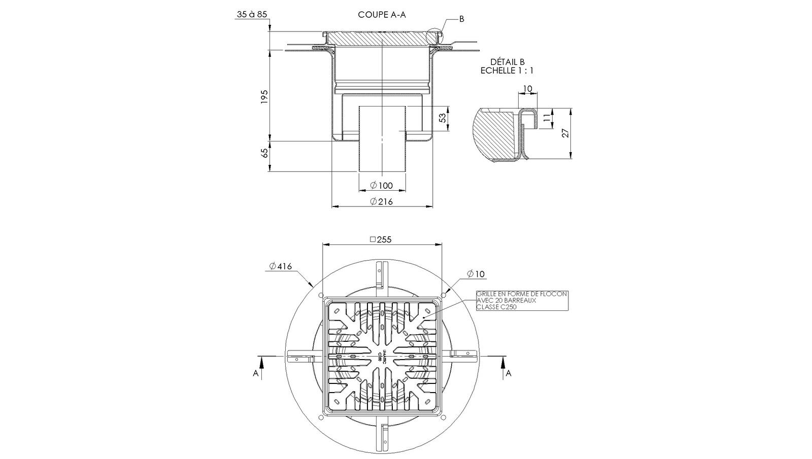 Schéma - 25100ETH - Floor drain trap 255x255 with a vertical outlet 100 mm