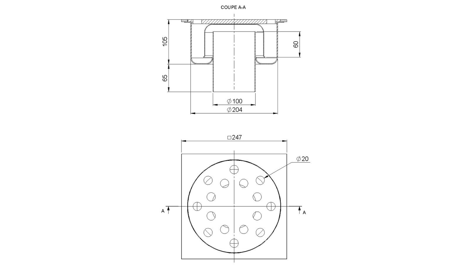 Schéma - 25100R - Siphon 247x247 sortie verticale 100 mm